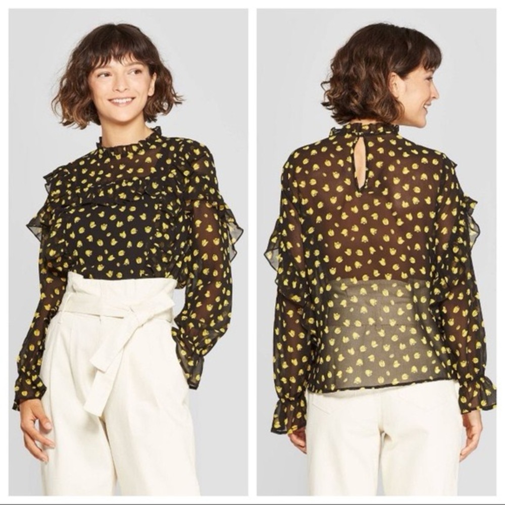 Who What Wear Women's Black and Yellow Ruffle Blouse